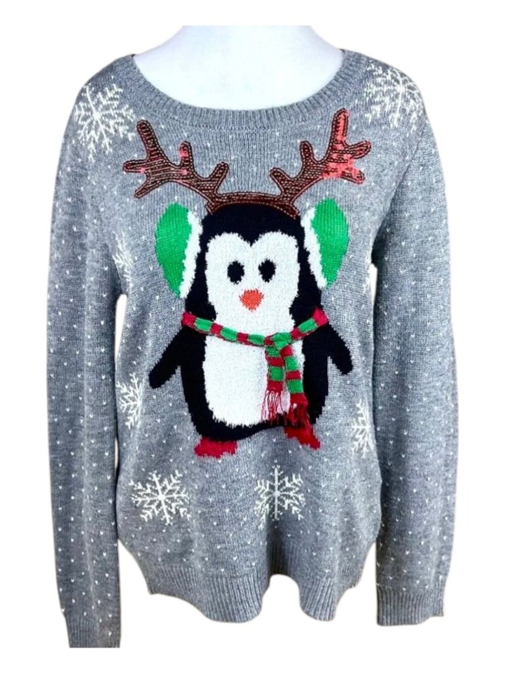 Penguin Christmas Sweater Gray Multi Sequins (L)